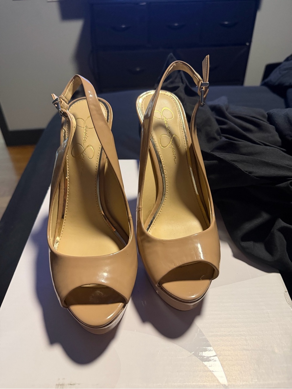 Jessica Simpson Nude Patent Peep-Toe Slingback Platform Heels
